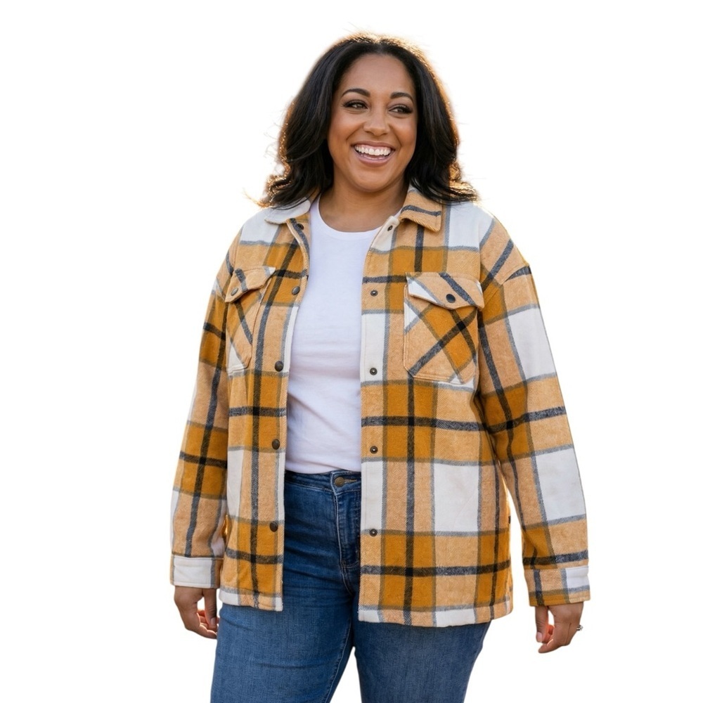 HFX XL Yellow White Black Plaid Thick Cozy Shacket W/ Pockets